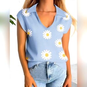 Women's Blue Daisy Knit Collared Sweater Vest Cap Sleeve V-Neck Pullover